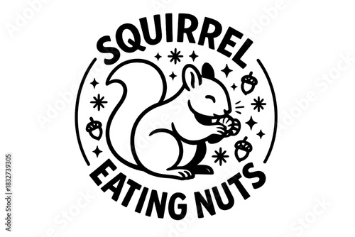 Winter Squirrel Feast. Squirrel eating nuts in winter. modern hand lettering, smooth curves, balanced