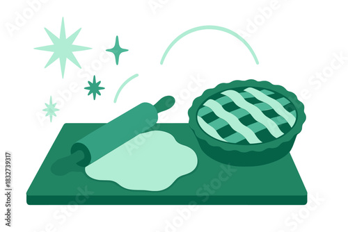 Festive Pie Making. Winter dessert prep. Rolling pin and dough on counter, pie ready for oven, abstract spark