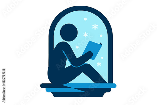Winter Reading Scene. Winter Window Reading. Flat minimalist vector illustration of a Winter Window Reading.