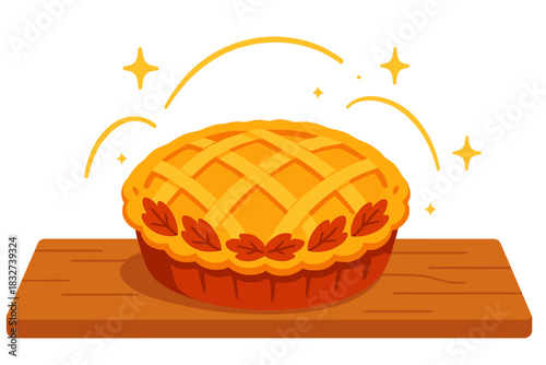 Cozy Holiday Pie. Homemade holiday pie. Golden pie with decorative crust on wooden counter, tiny spark icons