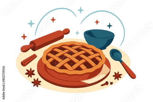 Cozy Pie Preparation. Cozy dessert preparation. Pie on table with spices and utensils, tiny spark shapes and