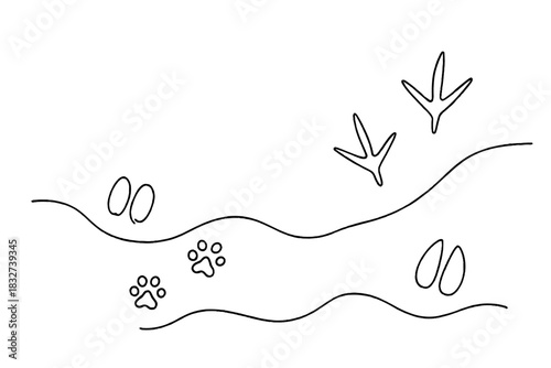 Winter Tracks Art. Winter wildlife footprints. Minimalistic one-line drawing scattered animal tracks over