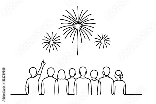 Minimalist Fireworks Display. Firework celebration. Minimalistic one-line drawing crowd silhouettes watching