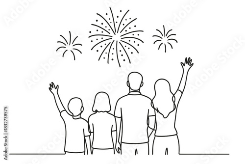 Fireworks Silhouette Elegance. Fireworks night joy. Minimalistic one-line drawing silhouetted figures watching