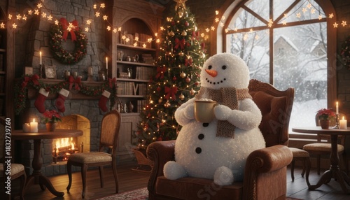 3D Snowman Drinking Cocoa in Vintage Cafe
