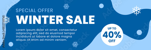 Winter sale banner design with snowflakes, special offer up to 40% off, blue abstract background template