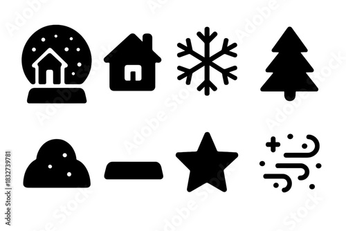 Snow Globe Icons. Snow globe holiday scene. Filled icon set of Snow globe holiday scene: snow globe, miniature