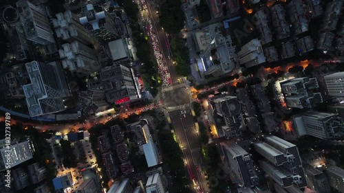 Aerial Timelapse of Traffic Light Trails at a Busy Intersection in Nanning, China at Night