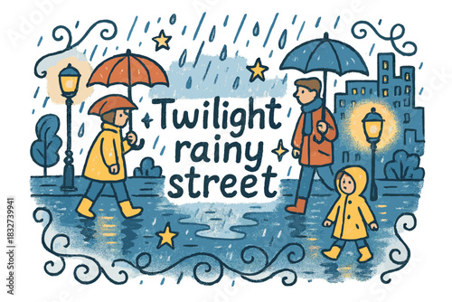 Twilight Rainy Street. Twilight rainy street. Hand-drawn doodle illustration of Twilight rainy street.