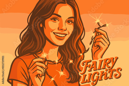 70s Fairy Light Glam. Model with fairy lights. 70s poster vibe, warm pastel gradient, thick outlines, offset