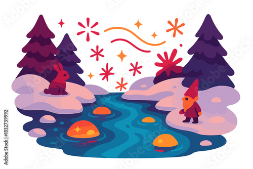 Enchanting Winter Stream. Magical winter stream. Frozen creek with glowing stones, small fantastical creatures