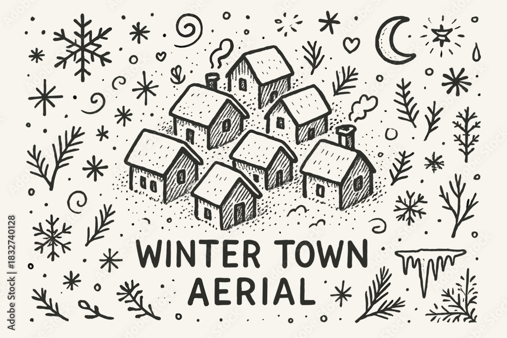 Fototapeta premium Winter Town Aerial. Winter town aerial. Hand-drawn doodle illustration of Winter town aerial. Central doodle