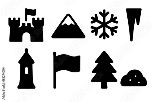 Winter Fortress Icons. Winter fortress illustration. Filled icon set of Winter fortress illustration: castle,