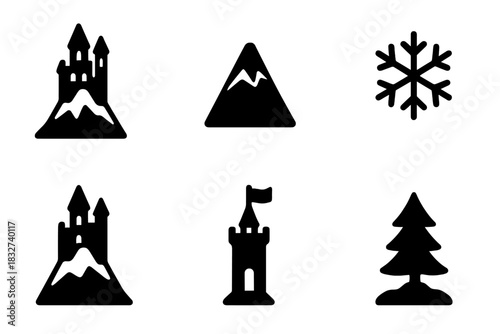 Frost Palace Icons. Frost palace on peak. Filled icon set of Frost palace on peak: castle, mountain, snowflake