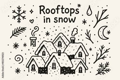 Snowy Rooftop Doodles. Rooftops in snow. Hand-drawn doodle illustration of Rooftops in snow. Central doodle
