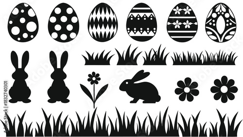A collection of black silhouettes for easter celebration including decorated eggs bunnies flowers and grass elements on a white background