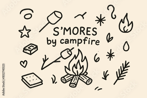 S'mores Campfire Doodle. S’mores by campfire. Hand-drawn doodle illustration of S’mores by campfire. In the