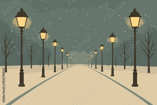 Snowy Boulevard Glow. Silent snowy boulevard minimalist flat illustration of glowing lamps lining a