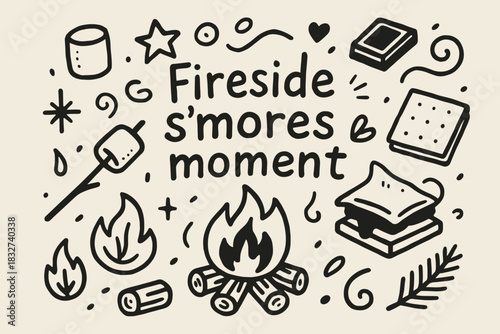 Fireside S'mores Doodle. Fireside s’mores moment. Hand-drawn doodle illustration of Fireside s’mores moment.