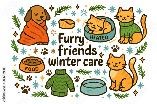 Furry Winter Companion Care. Furry friends winter care. Hand-drawn doodle illustration of Furry friends winter