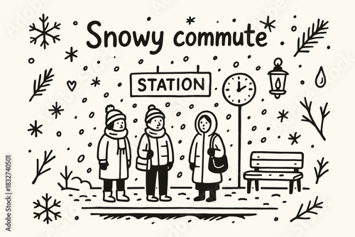 Snowy Commute Doodle. Snowy commute. Hand-drawn doodle illustration of Snowy commute. Central doodle