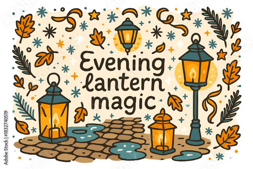 Evening Lantern Magic. Evening lantern magic. Hand-drawn doodle illustration of Evening lantern magic.