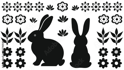 Black silhouette elements of cute bunnies flowers and leaves for easter and spring decorations and designs