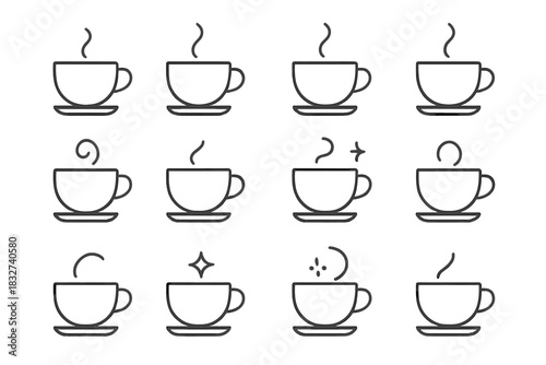 Minimal Tea Icons. Minimal tea icons. Line outline icon set of Minimal tea icons: simple teacup, saucer, steam