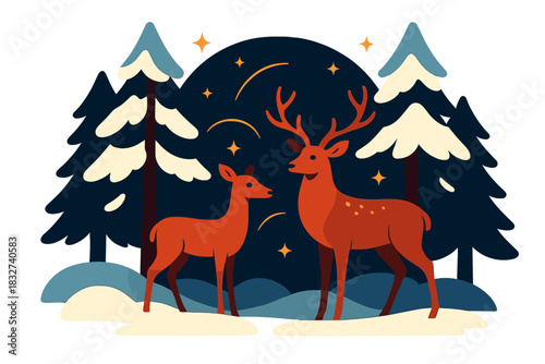 Deer in Winter. Deer in winter forest. A stag and doe stand among snow-covered pine trees, tiny spark icons