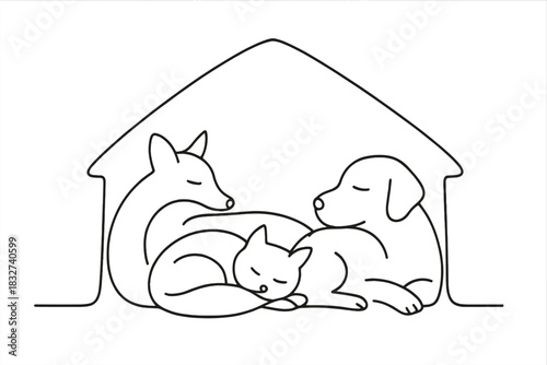 Furry Friends Shelter. Furry friends winter refuge. Minimalistic one-line drawing animals resting together in