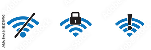 Wifi and wireless problem icon, No internet access crossed out symbol, Wifi signal icon with cross indicating no connection, Wifi and wireless problem icon or no wifi icon set