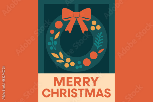 Minimalist Christmas Wreath. Christmas wreath on a door. Modern minimalist poster banner, bold sans-serif