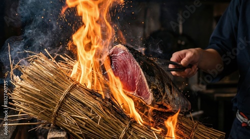 Searing Bonito fish Katsuo over straw fire Warayaki method