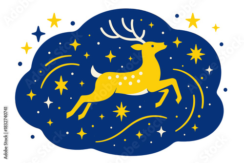 Reindeer Sky Ride. Festive sky ride. Reindeer leaping through starry winter sky, floating spark arcs and tiny
