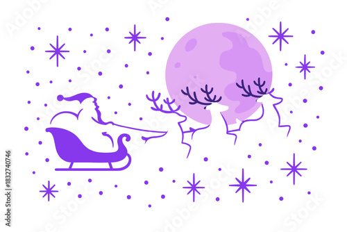 Moonlit Sleigh Ride. Christmas Eve journey. Sleigh and reindeer cross moonlit sky, soft snowflakes and