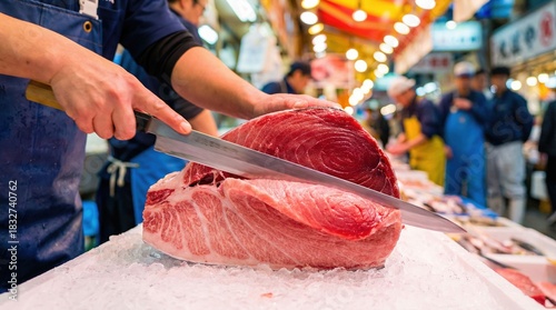 Professional fishmonger cutting large Tuna with long knife at market