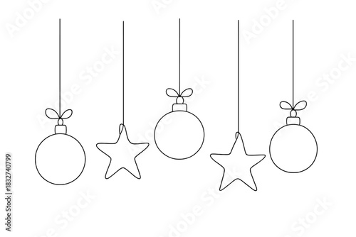 Minimalist Christmas Ornaments. Cozy handmade ornaments. Minimalistic one-line drawing small baubles and star