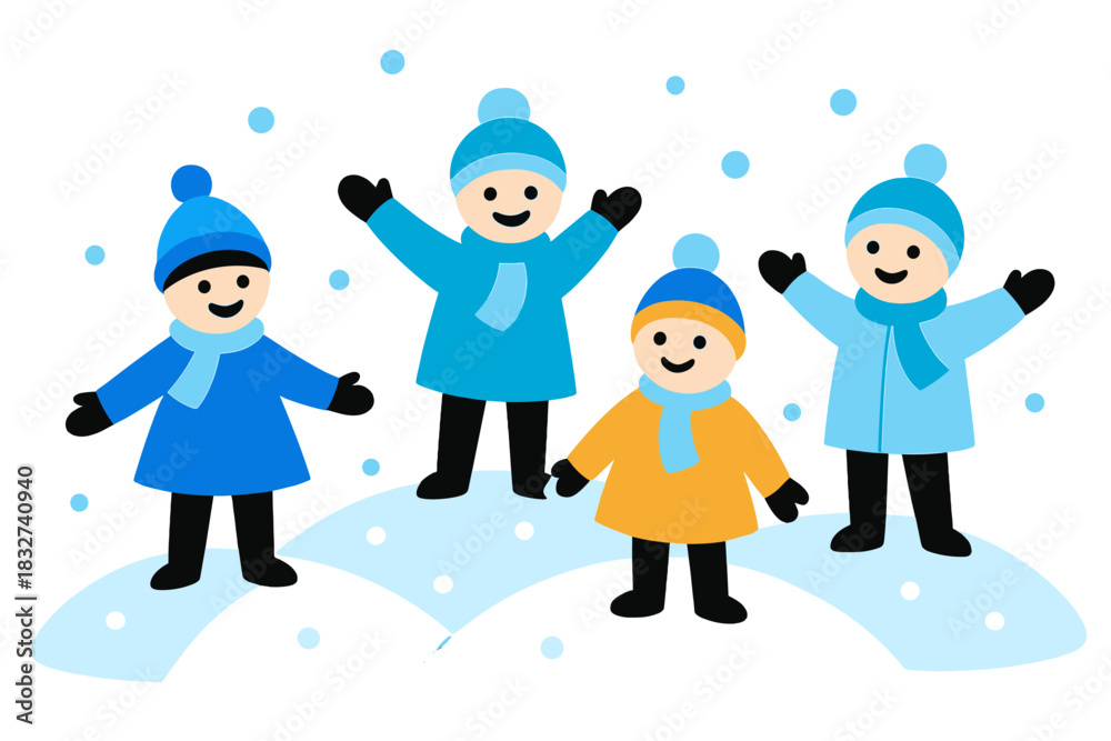 Fototapeta premium Colorful Winter Kids. Kids in Colorful Winter Clothes. Flat minimalist vector illustration of Kids in Colorful