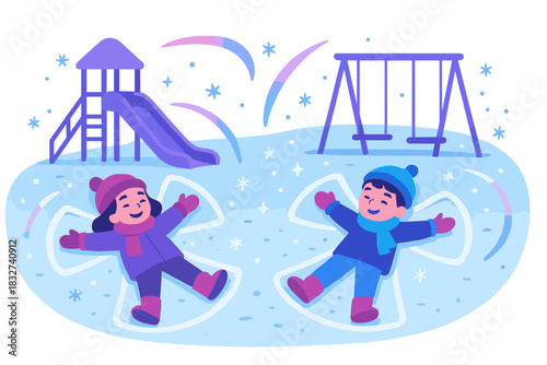 Playful Winter Wonderland. Frosty playground. Kids on snowy field making angels, soft spark arcs and tiny