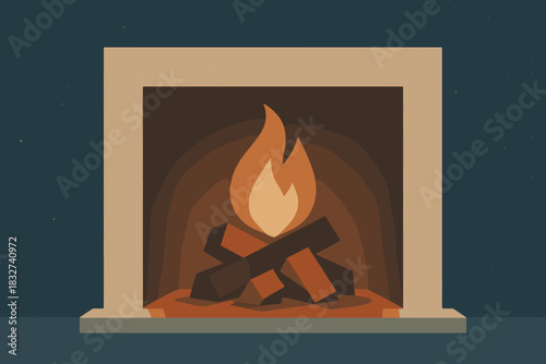 Cozy Fireplace Glow. Frosty night indoors minimalist flat illustration of geometric logs burning in fireplace