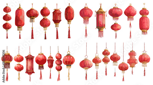 Watercolor illustration set of traditional Chinese red lanterns in elegant shapes with tassels and gold details, perfect for Lunar New Year, festivals, and cultural design projects.
