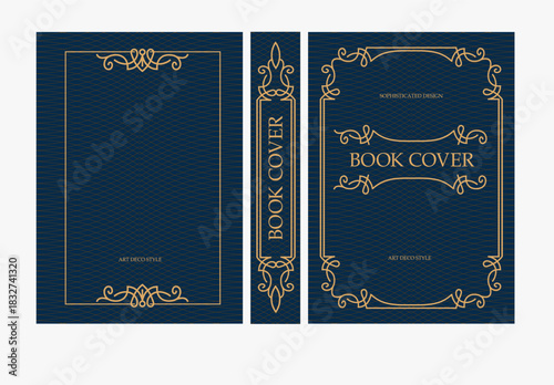 Classic vintage book cover and spine with gold and black art deco, art nouveau ornament, decorative frame, elegant retro style for classic publications, posters, artistic layouts.