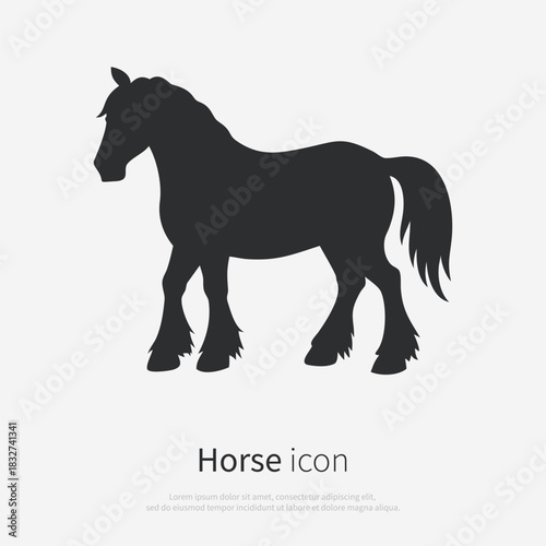 Gypsy draft horse walking silhouette icon. Black horse logo isolated on white background, side view. 