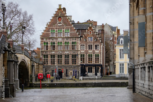 Traditional medieval style buildings along the central downtown region of Ghent Belgium. Photo taken on a cloudy day in Flanders