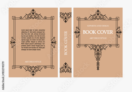 Classic vintage book cover and spine with gold and black art deco, art nouveau ornament, decorative frame, elegant retro style for classic publications, posters, artistic layouts.