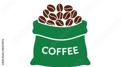 A simple graphic illustration depicting a vibrant green burlap sack overflowing with freshly roasted coffee beans, ideal for various design projects.