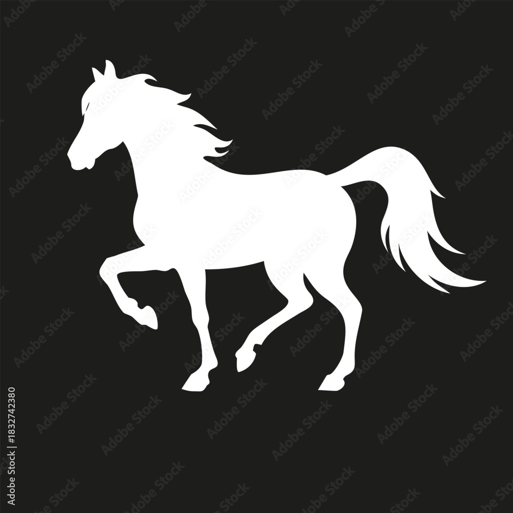 Obraz premium Horse silhouette icon. White walking horse logo isolated on a black background, side view. Vector illustration. Symbol of the New Year 2026. Perfect for a logo, icon, or emblem.