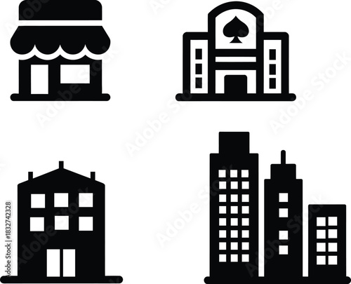 Collection of simplified building icons: store, casino, apartment, skyscrapers