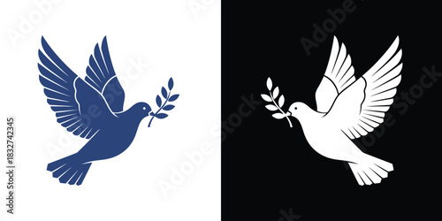 Blue and white dove of peace icon set holding an olive branch symbol