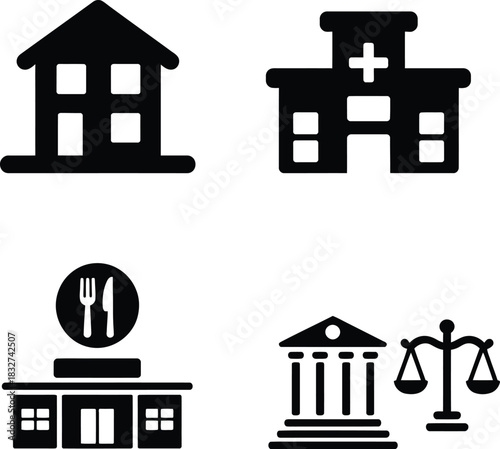 Set of building icons: house, hospital, restaurant, courthouse, justice